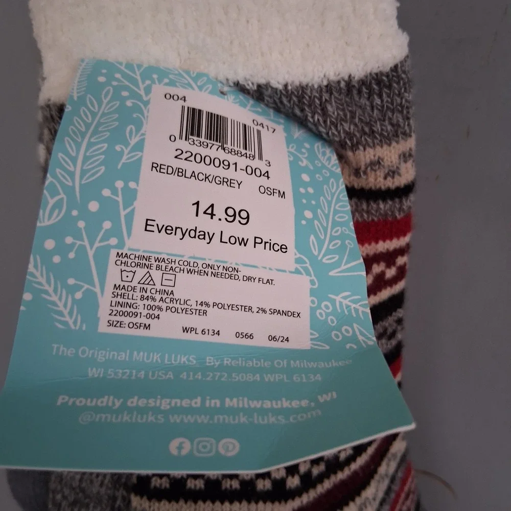 MUK LUKS Womens Cozy Lined Lounge Socks 2 Pair Pack Red Grey Fair Isle OSFM